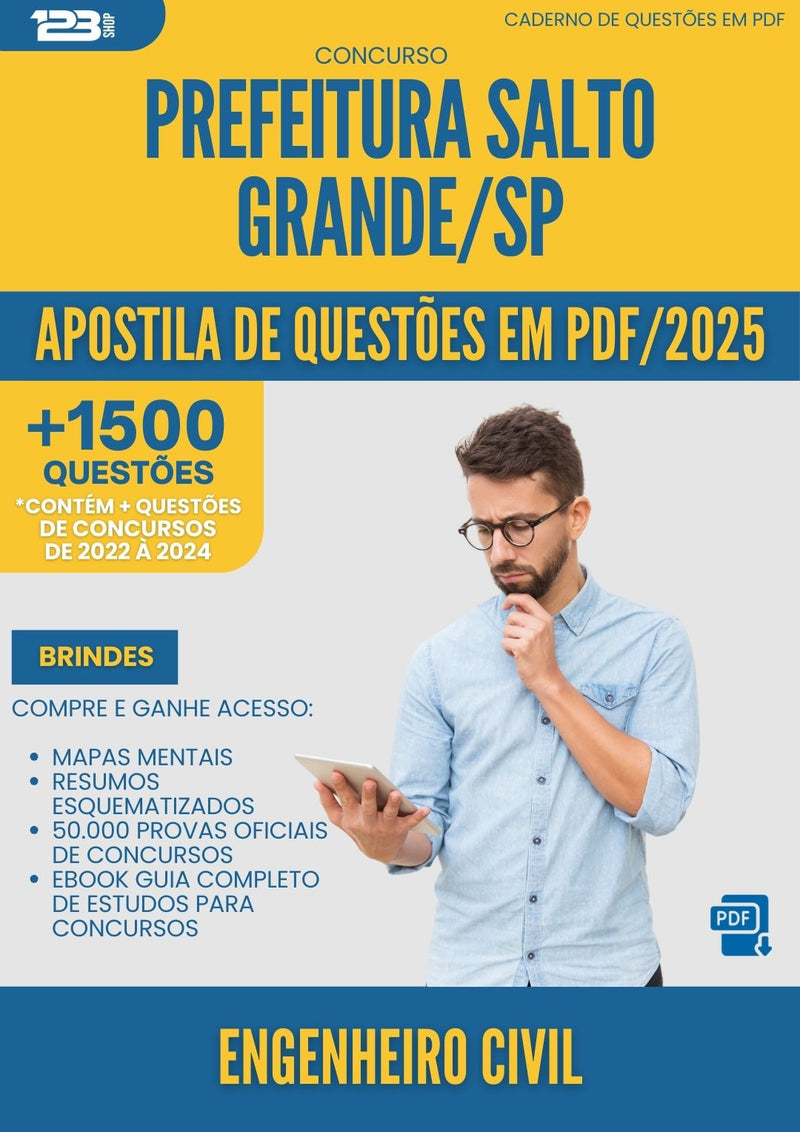 Apostila de Questões para Concurso Engenheiro Civil da Prefeitura Salto Grande Sp 2025 - Mais de 1.500 Questões