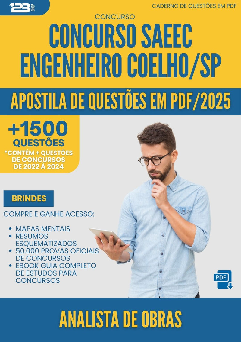 Apostila de Questões para Concurso Analista De Obras Saeec da Prefeitura Engenheiro Coelho Sp 2025 - Mais de 1.500 Questões