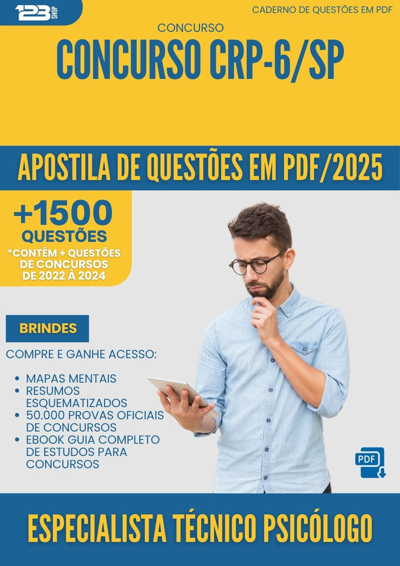 Apostila de Questões para Concurso Especialista Tecnico Psicologo Crp 6 Sp 2025 - Mais de 1.500 Questões