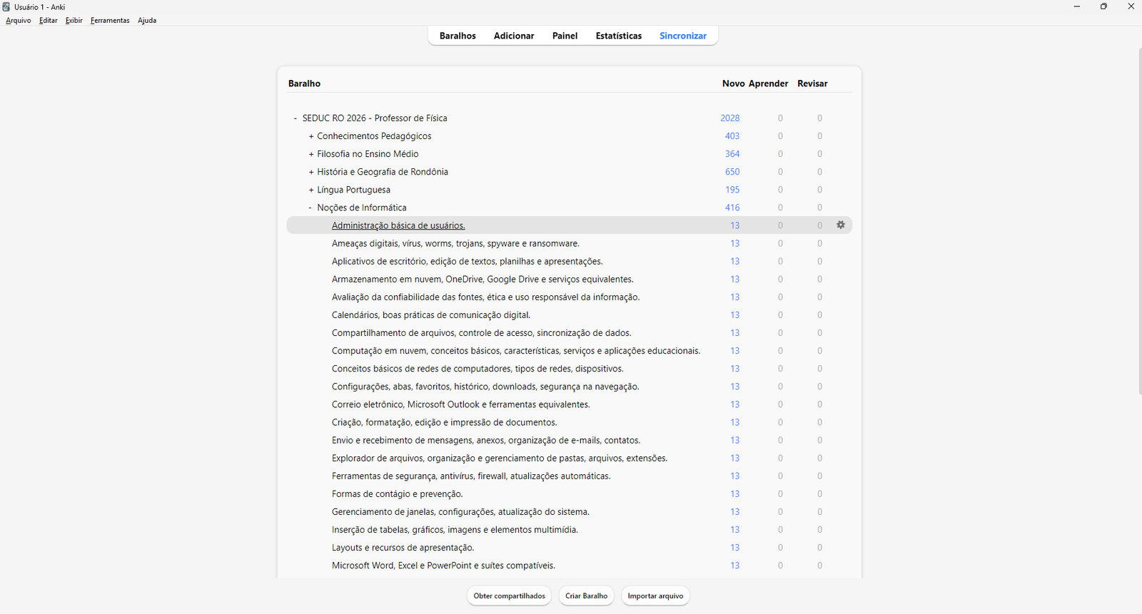 Organização dos baralhos